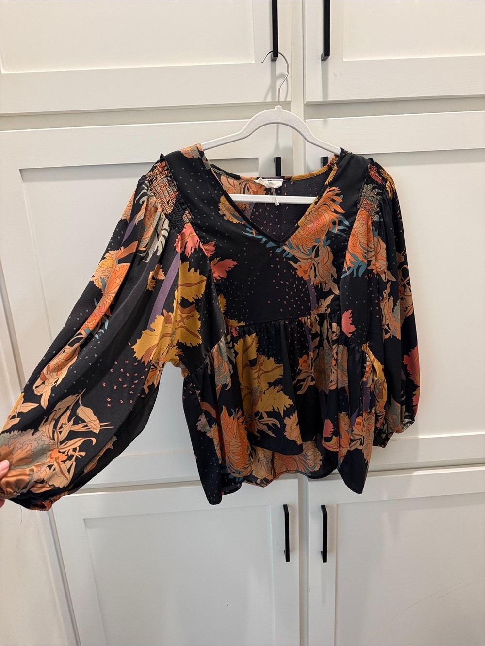 entro Black Floral Peasant Blouse with Rust & Mustard Accents